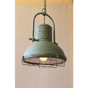 Antique Turquoise Pendant Light With Glass And Wire Cage 13"D X 19"T