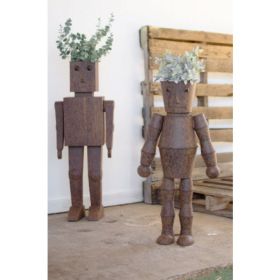 Set Of 2 Metal Robot Planters Large 14" X 9" X 37"T Small 16.5" X 7.5" X 31"T