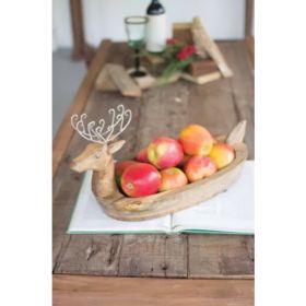 Hand Carved Mango Wood Reindeer Bowl With Metal Antlers