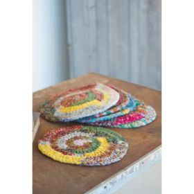 Set Of Six Round Knitted Kantha Placemats