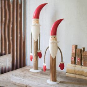 Set Of Two Painted Metal And Wood Santas