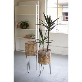 Set Of Two Round Seagrass Planters With Iron Bases