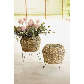 Set Of Two Round Seagrass Planteres On Iron Stands