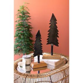 Set Of Two Painted Iron Christmas Trees With Wooden Bases