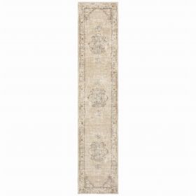 12' Beige and Ivory Center Jewel Indoor Runner Rug