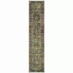 12' Green and Brown Distressed Floral Indoor Runner Rug