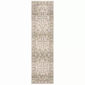 8' Beige and Ivory Medallion Indoor Runner Rug