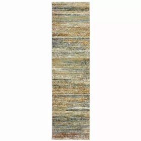 12' Distressed Gold and Green Abstract Indoor Runner Rug