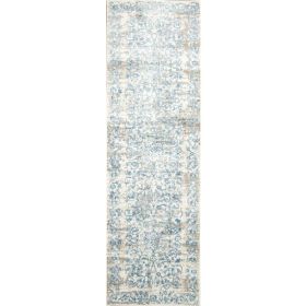 7' Ivory Blue Machine Woven Courtyard Runner Rug