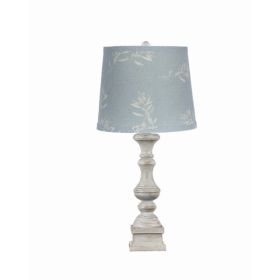 Distressed White Table Lamp with Patterned Blue Linen Shade