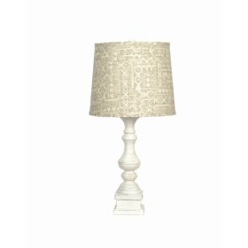 Distressed White Table Lamp with Patterned Tan Linen Shade