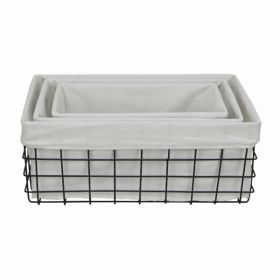 Set of 3 Rectangular White Lined and Metal Wire Baskets