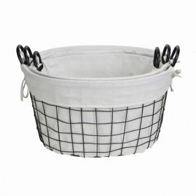 Set of 3 Oval White Lined and Metal Wire Baskets with Handles