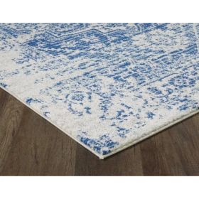 7' Ivory Blue Machine Woven Distressed Bohemian Style Indoor Runner Rug