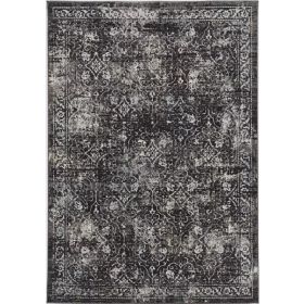 7' Black Beige Abstract Vintage Distressed Machine Woven Runner Rug