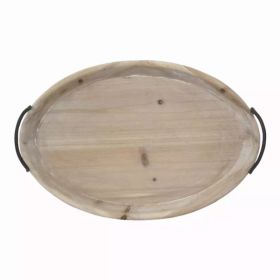 18" Oval Natural Ivory-Finished Wood with Curved Black Metal Handles