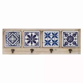 Blue and White Tile Wall Hanging with Metal Hooks