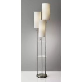 Three Light Floor Lamp in Brushed Steel with Two Clear Storage Shelves