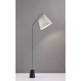 Brushed Steel Floor Lamp Black Marble Block Base and Angled White Linen Shade