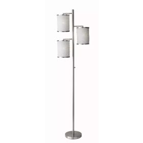 Three Light Floor Lamp Brushed Steel with White Fabric Lanterns