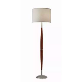 Elliptical Shape Walnut Wood Finish Floor Lamp with Satin Steel Accents and White Fabric Drum Shade