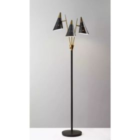 Black Metal Floor Lamp with Three Adjustable Antique Brass Accented Cone Shades