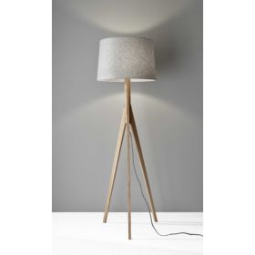 Natural Wood Floor Lamp with Tripod Base and Grey Felt Tapered Drum Shade