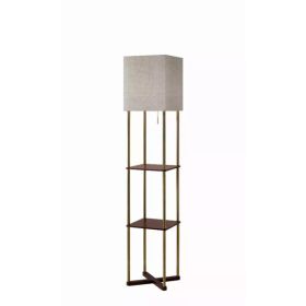 Floor Lamp with Antique Brass Poles and Walnut Wood Finish Storage Shelves with Two USB Ports