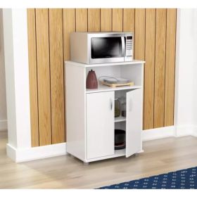 White Finish Wood Microwave Cart with Cabinet