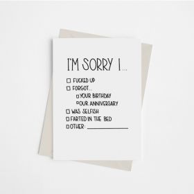 "I'm Sorry..." Checklist - Greeting Card (Color: Bazaar, Country of Manufacture: United States)